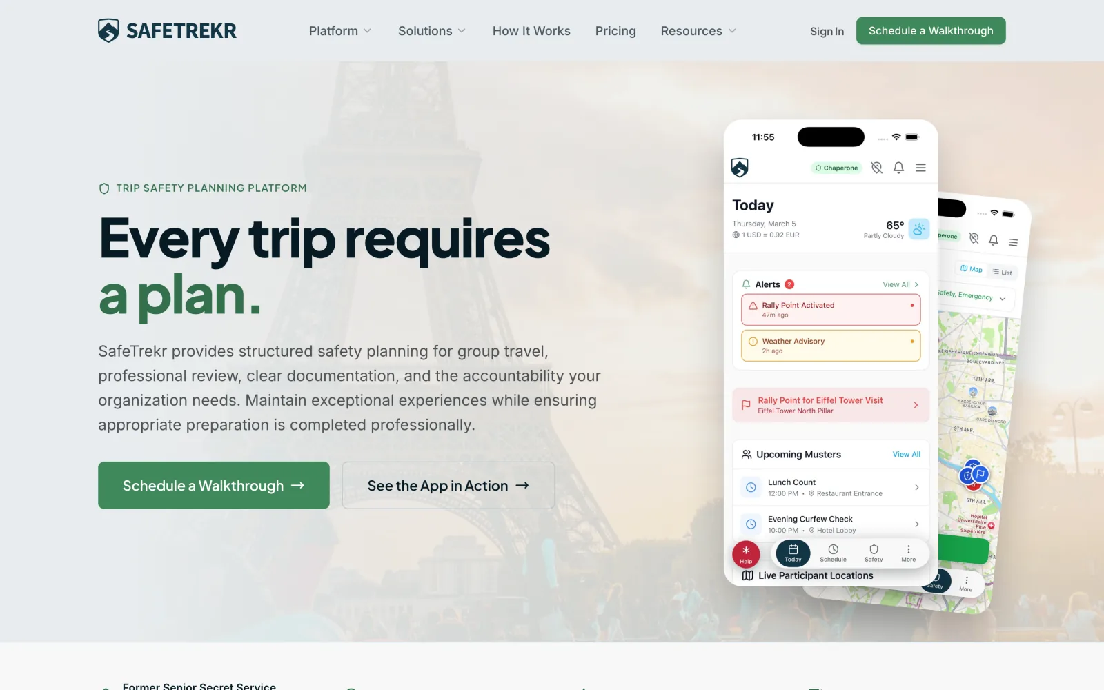 The Safetrekr home page. On the left, the heading Every trip requires a plan, a short description of trip safety planning for group travel and two buttons, Schedule a Walkthrough and See the App in Action. On the right, a phone shows the app's Today screen with alerts, a rally point and upcoming musters.